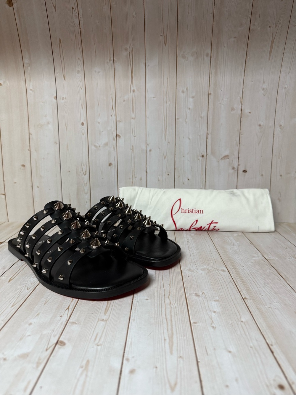 Christian Louboutin Charja Spiked Leather Slide Sandal Black Sz 39 / 9